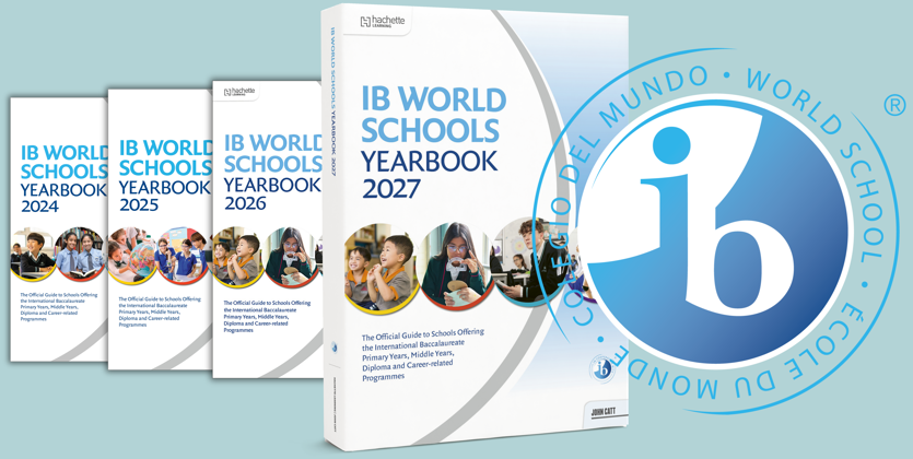 IB Yearbook covers from 2024 to 2027, overlaid with IB logo