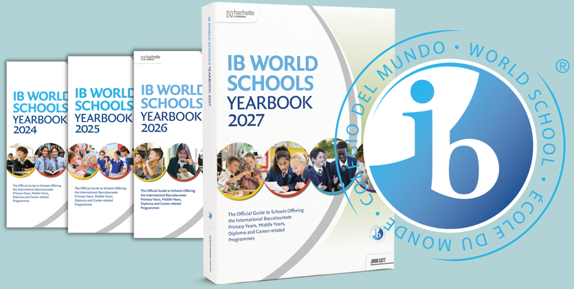 IB Yearbook covers from 2024 to 2027, overlaid with IB logo