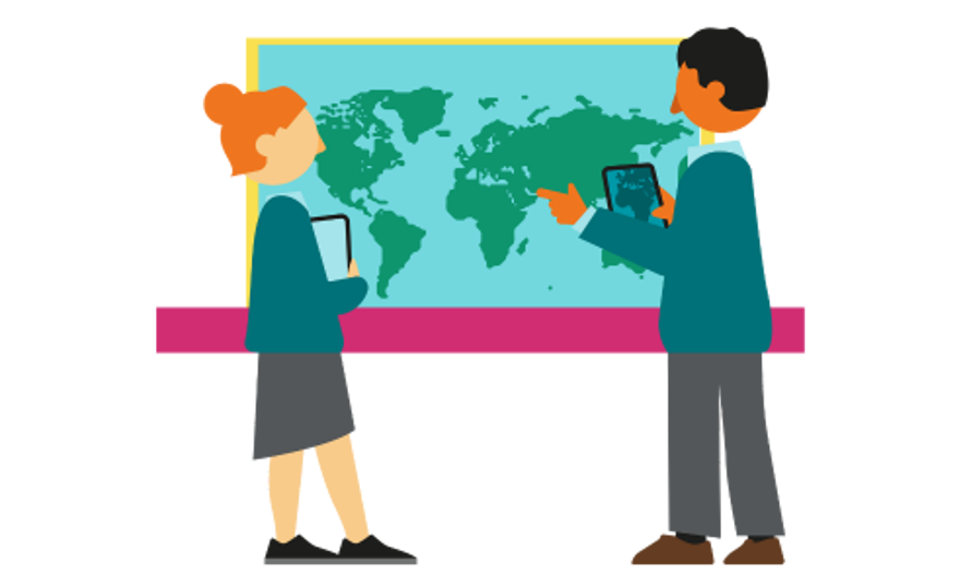 An image of two people looking at a map of the world.