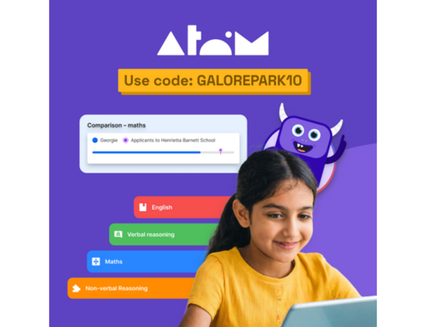 Graphic showing a young girl on a laptop with the Atom Learning logo and a discount code on a purple background